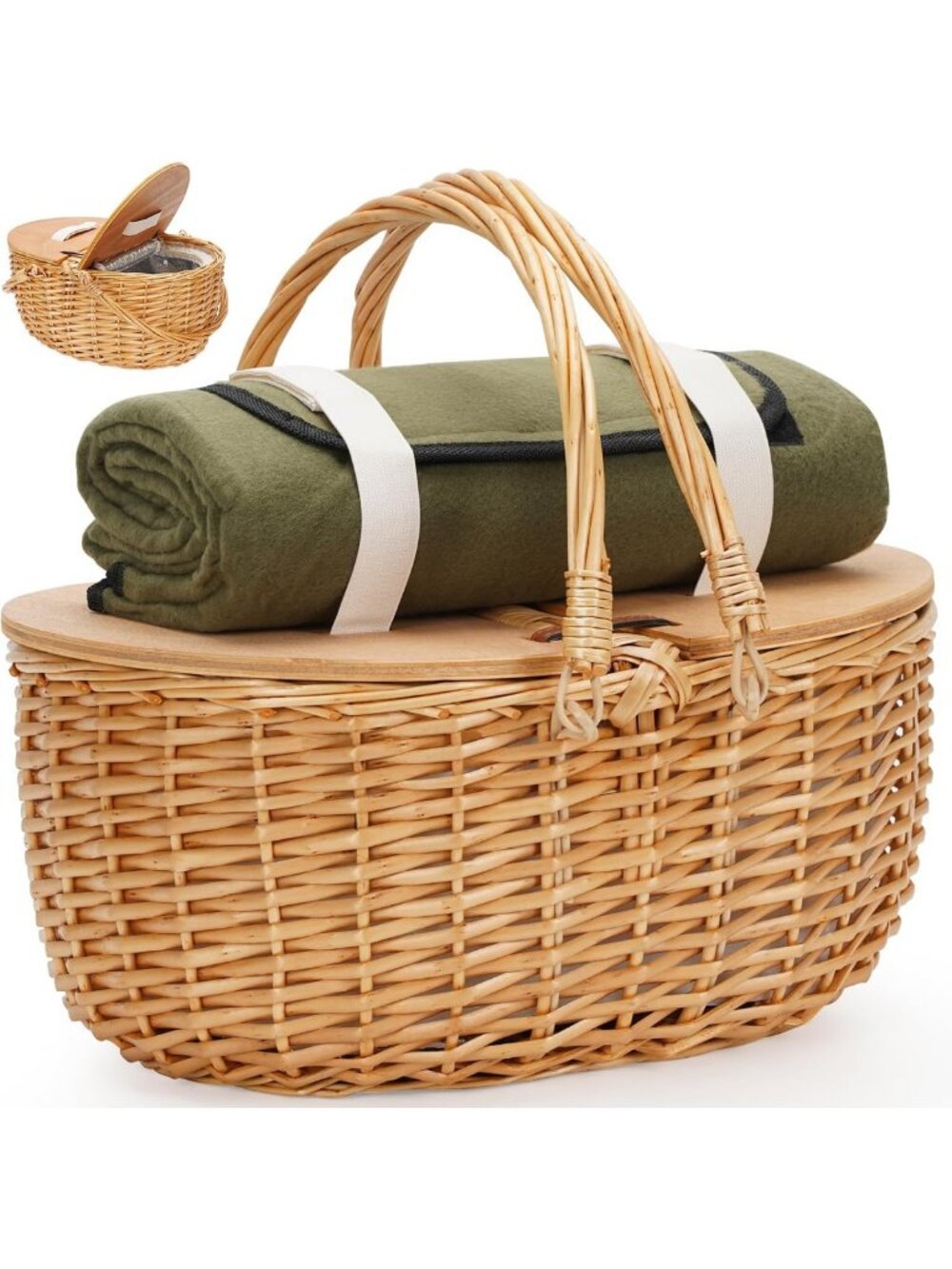 15" Picnic Basket Cooler with Blanket, Wooden Split Lid, Outdoor Essentials